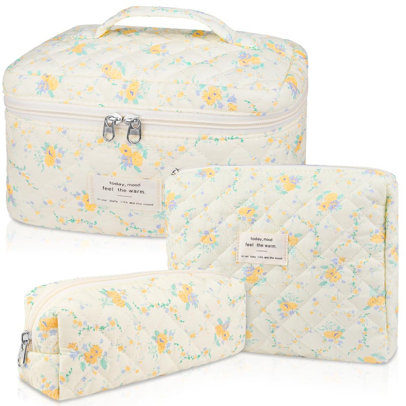 Gosect Makeup Bag Set  Quilted Makeup Bag  Large Floral Cosmetic Bag for Women  Cute Cotton Makeup Bag  Flower Travel Toiletry Organizer Bag (Yellow Daylily) - Image 1